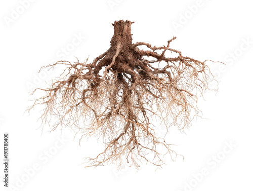 Detailed, intricate fibrous brown plant root system, widely branched on a plain dark background