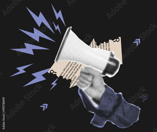 Pop Art Retro Comic Style Hand Holding Megaphone with Halftone Pattern and Purple Lightning Bolts on Black Background Symbolizing Loud Announcement Protest Communication Media 