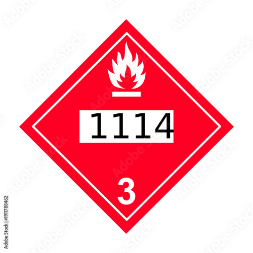 UN 1114 Flammable Liquid Class 3 Placard. Benzene Hazardous Material Transportation Safety Sign.