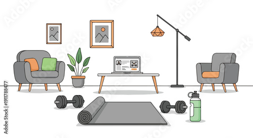 Illustration of a living room setup with exercise equipment including dumbbells and a yoga mat on the floor in front of a laptop on a coffee table with a minimalist aesthetic and neutral