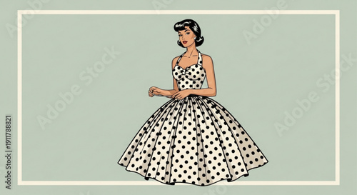 Vintage polka dot dress retro fashion illustration of a woman in a full skirt classic 1950s style for design