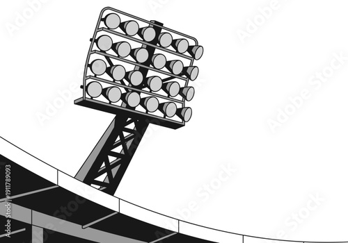 Stadium floodlight tower with multiple bulbs against white background  