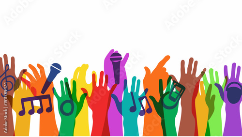 Diverse hands raised in unity with music symbols
