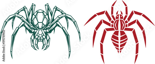 Illustration showing two spider designs with one in green outline and other in red fill