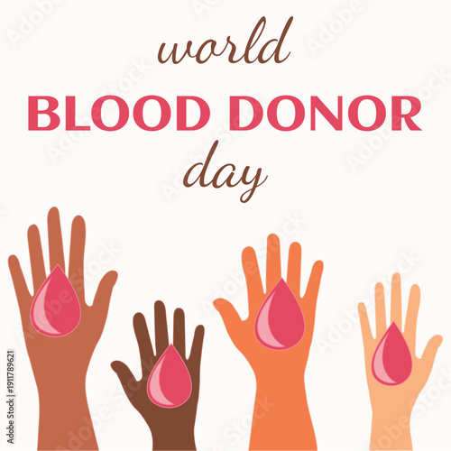 World Blood Donor Day banner, June 14. Web banner with a drop of blood and a hand, for social media, posters, postcards