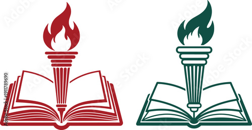 Two illustrations of an open book with a torch on top, one red and one teal