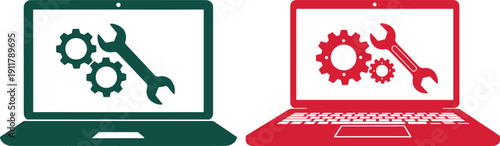 Two laptops open showing gears and wrench symbol, one green, one red