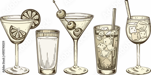 A collection of illustrated cocktails and beverages in varying glassware