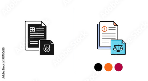 Medical and legal documents icon set. Health and law