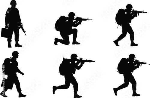 Soldier silhouette illustration set, six black icons armed combat tactical positions rifle backpack military design, vector artwork, defense and training theme, isolated background