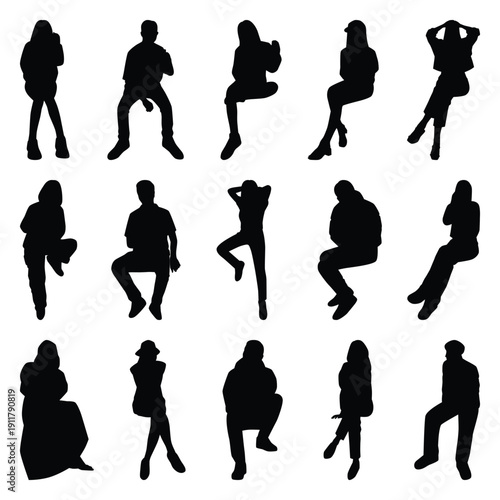 Vector collection set of sitting people silhouettes.	
