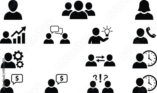 Business and communication people icons set with teamwork growth idea support finance and time management vector illustrationBusiness and communication people icons set with teamwork gr