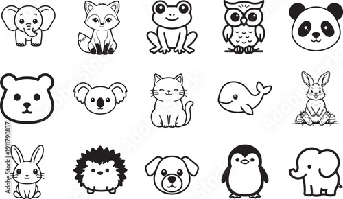A charming collection of adorable cartoon animal illustrations, perfect for children’s books, educational materials, and playful designs. Each creature is depicted in a simple, engaging style.