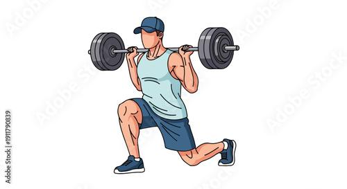 Illustration of a fit man in athletic wear performing a weighted lunge exercise with a barbell on a plain white background.