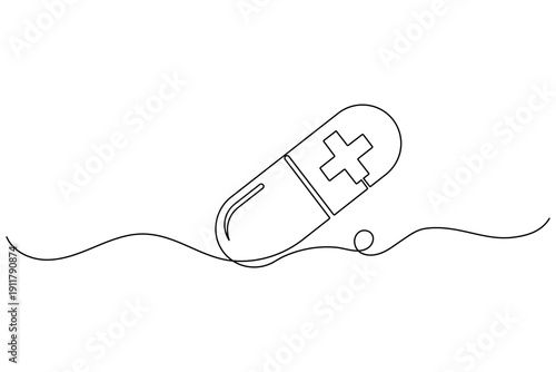 Medical pill with cross symbol continuous one line drawing for hospital and clinic minimalist illustration
