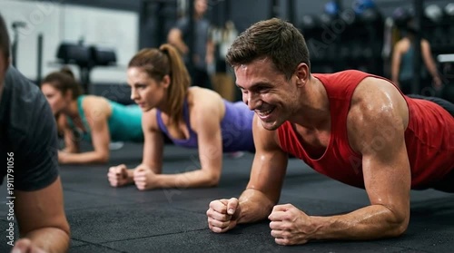 Wallpaper Mural Determined fitness group engaging in a challenging plank exercise at a modern gym, showcasing strength, core workout, and active lifestyle. Torontodigital.ca