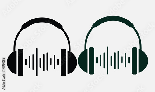 Minimalist Headphones Icon with Sound Wave Frequency Silhouette in Black and Dark Green for Podcast Branding and Audio Production Design