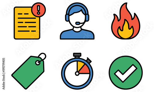 Set of six flat icons representing customer service support and task management with simple modern designs, including a customer support agent, price tag, and approval symbol.