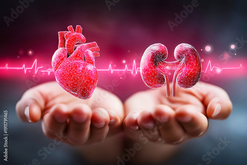 Hands showing anatomical heart and human kidneys with glowing ecg heartbeat line on gradient background.