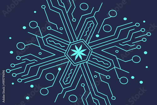 a stylized digital illustration of a snowflake designed with a tech-circuitry aesthetic.