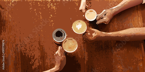 Overhead view of hands holding coffee cups on a wood surface