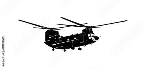 Black and White Military Transport Helicopter Vector Illustration