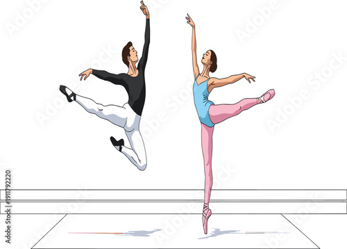 Ballet dancers, mid-air jump, elegant pose, synchronized movement, stage performance, artistic expression, classical dance, athletic grace, tights, shadows