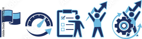 Business performance improvement and goal achievement icon set, benchmarking strategy optimization success vector illustration collection