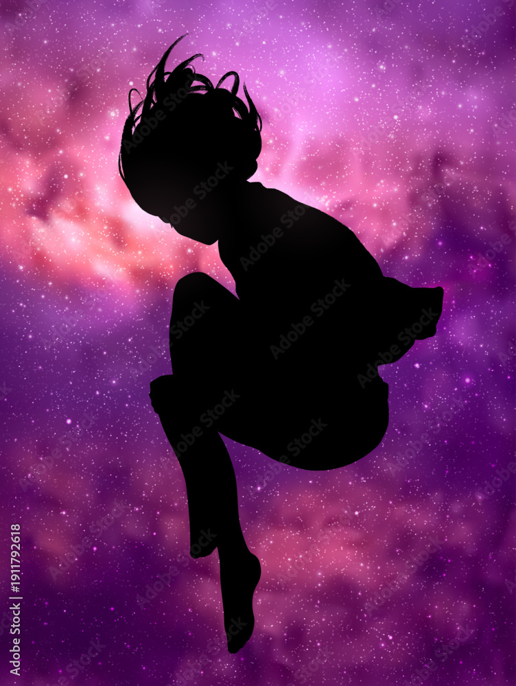 Obraz premium Man flying in dream under starry sky. Silhouette of person in space