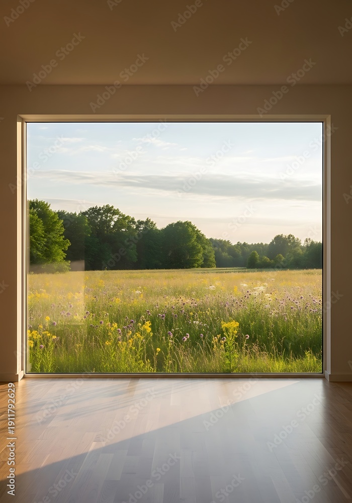 Fototapeta premium Serene meadow view through a modern window onto wooden floor
