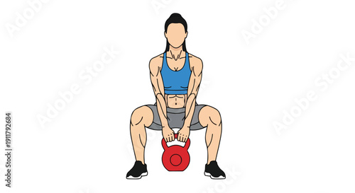 Young woman in athletic wear performing a kettlebell squat exercise with a red kettlebell on a plain white background.