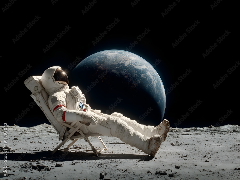 Fototapeta premium An astronaut in spacesuit relaxes on a lounge chair on the moon gazing back at the earth against the backdrop of outer space and stars.