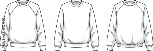 Basic crewneck sweatshirts flat sketch, front view, CAD vector drawing, raglan sleeve, ribbed cuffs, fashion template, casual unisex pullover