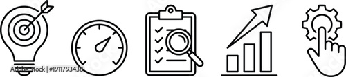 Business productivity icons with goal target light bulb, performance gauge, auditing checklist clipboard, growth chart arrow, operational management gear illustration