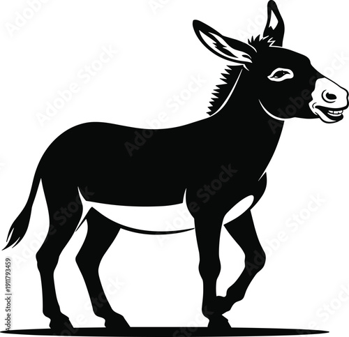 Black and white donkey illustration, farm animal graphic, mule vector silhouette, livestock artwork, rural wildlife design for agriculture and education