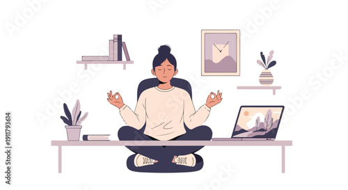 A woman meditates in a lotus position on her desk in a minimalist office with a laptop and plants around her.