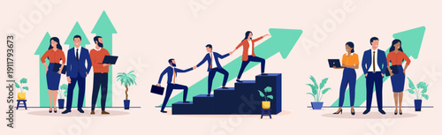 Collection of business team people working together for success and growth with colleagues helping each other climb a career ladder and standing before rising arrows, flat design vector illustration