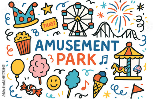 Colorful amusement park doodles with ferris wheel, roller coaster, and carnival treats