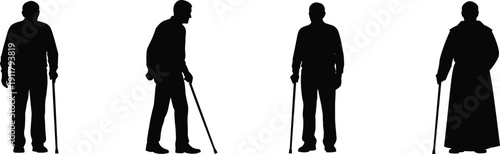 Cane user silhouette set, diverse standing poses, black vector art, mobility aid illustration, posture and attire variation design