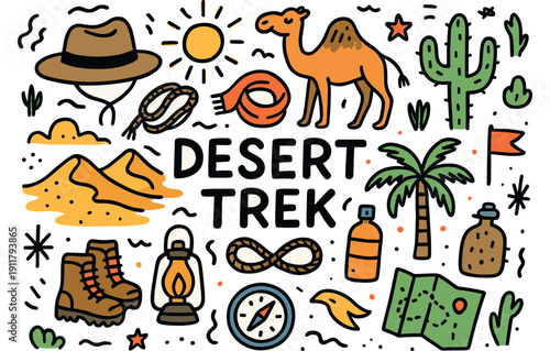 Desert trek adventures with camels, cacti, and hiking gear