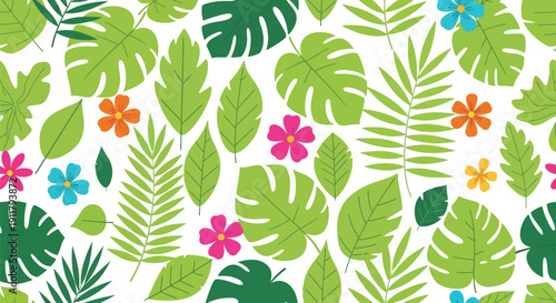 A dense background pattern features various shades of green tropical leaves and small, bright, multi-colored flowers against a white backdrop.