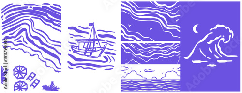 Scene of coastal landscapes sea views. Wall art with sea or ocean beach and waves. Vintage print, vector travel postcard, summer placard, poster. Comic storyboard style. Perfect for home or cafe decor