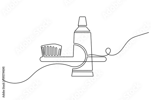 Toothbrush with paste and tube continuous one line drawing for oral hygiene vector