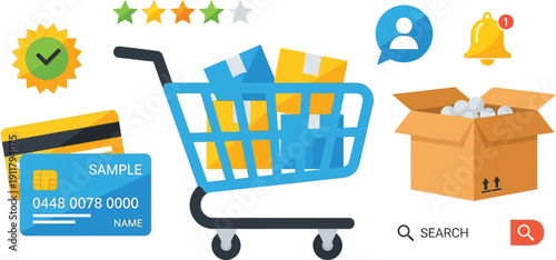 A blue shopping cart filled with yellow and blue packages sits next to a credit card, open box, and rating stars representing online commerce.