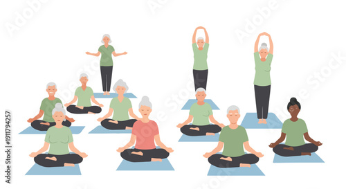 Illustration of a diverse group of people practicing yoga in various poses on blue mats against a white background with a calming and serene mood.