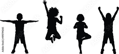 Children silhouette collection, kids jumping and standing poses isolated on white background, playful childhood activity vector illustration set