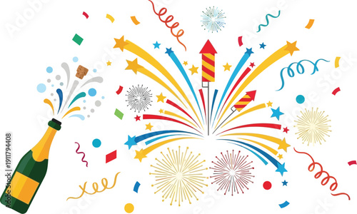 A celebratory champagne bottle uncorks vigorously, spraying cork and foam while colorful fireworks and confetti explode in the background.