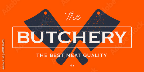 Butcher knives sign. Meat symbol, meat label collection for professional branding. Retro style typography. Butcher Knife. Butchery symbol, icon logo, sign signage. Vector Illustration