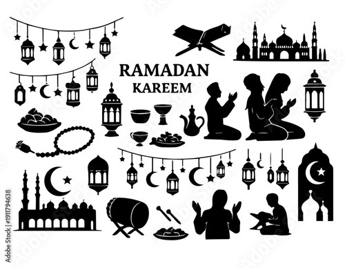 Ramadan Lantern Garland Silhouette Set with Crescent Moon and Stars Isolated on White Background Islamic Decoration Collection