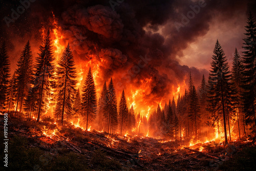 fire in the forest, danger and great climate change	